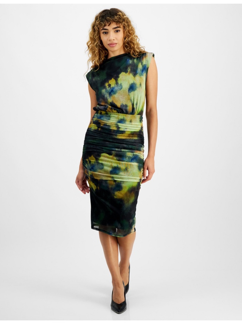 Tie-Dye Green & Black Sleeveless Ruched Midi Dress